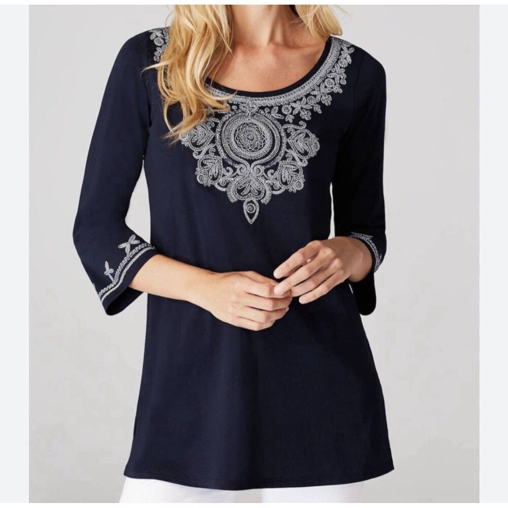 J. Jill Shirt Women's PXL Blue Floral Embroidered Tunic 3/4 Sleeves Boho Peasant